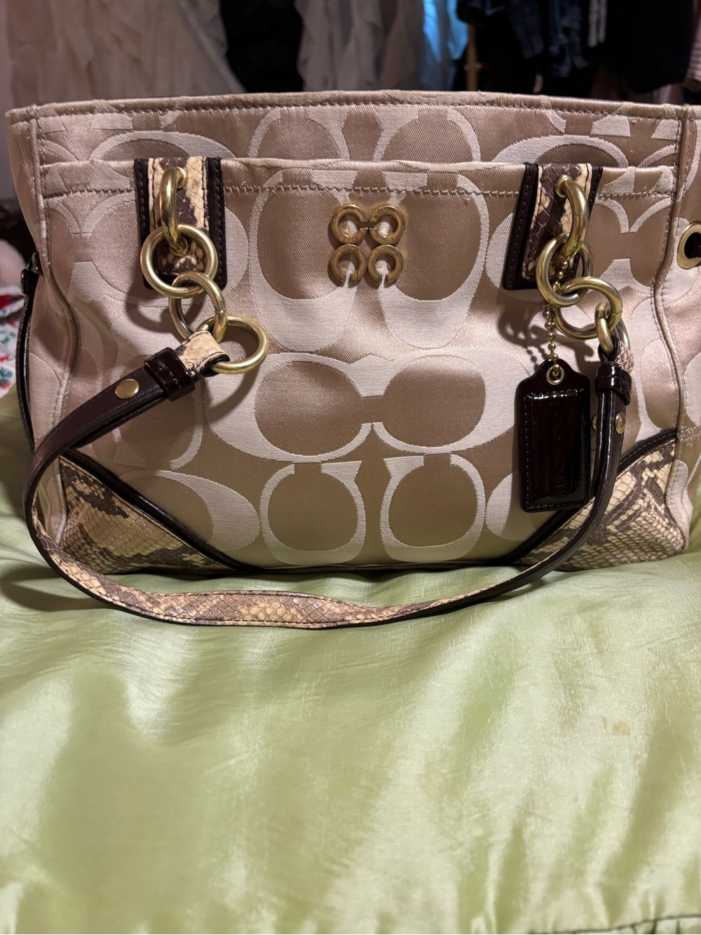 Coach Beige Signature Tote with Dark Brown Trim and Gold Hardware